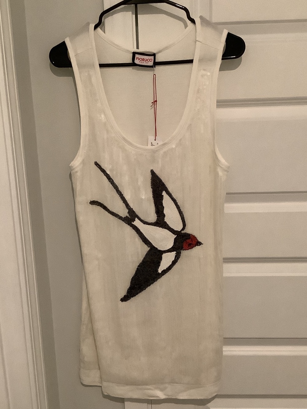 Fiorucci White Sequin Tank with Embroidered Swallow, Brand New